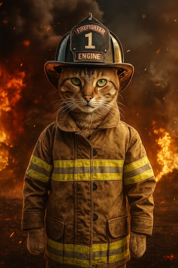 Portrait de chat personnalisé style Pompier - Transformez votre compagnon en professionnel de lutte contre les incendies - AnimArt Studio