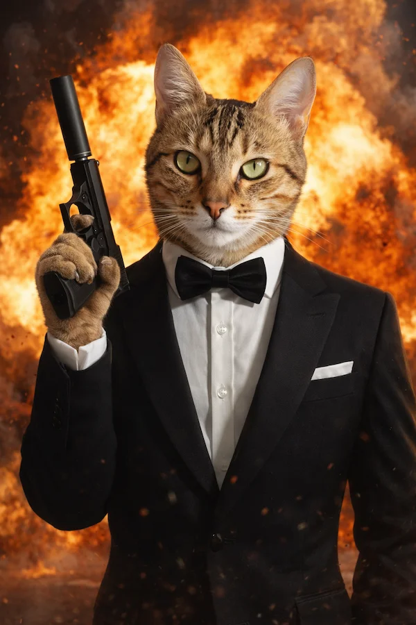 Portrait de chat personnalisé style Espion - Transformez votre compagnon en agent secret élégant - AnimArt Studio