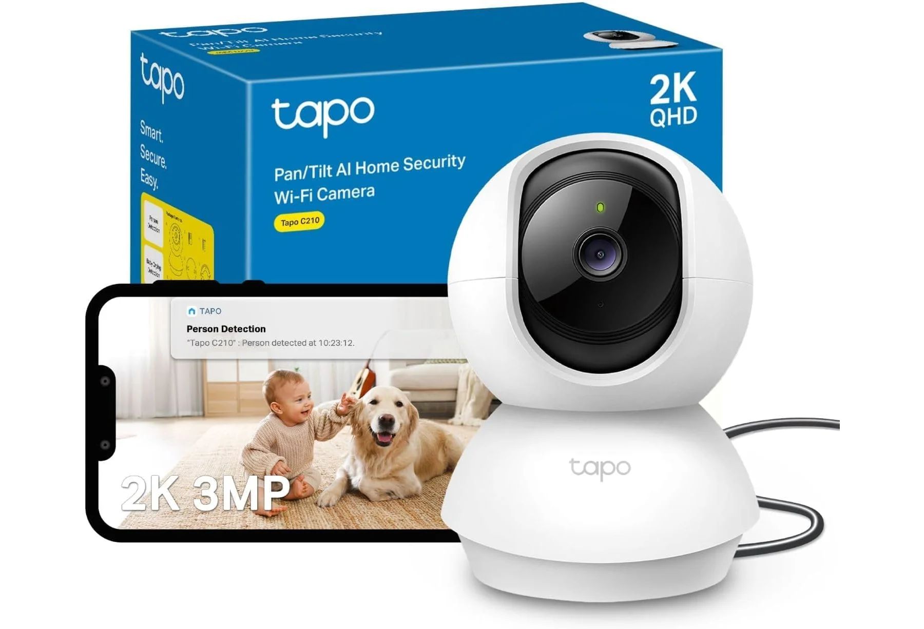 Caméra de surveillance connectée Tapo C210, une idée cadeau high-tech idéale pour les propriétaires de chiens et chats.